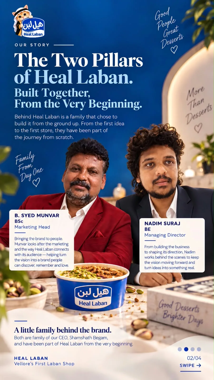 The two pillars of Heal Laban. Behind Heal Laban is a family that chose to build it from the ground up. From the first idea to the first store, they have been part of the journey from scratch. Both are family of our CEO, Shamshath Begam, and have been part of Heal Laban from the very beginning.